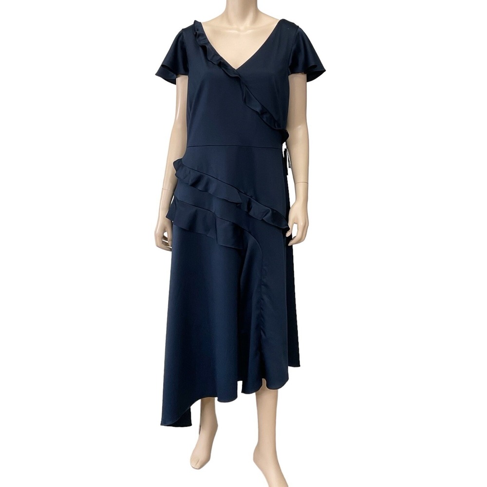 Adrianna Papell Dark Blue Flutter Sleeve Ruffle Maxi Long Dress Size 16 NWT